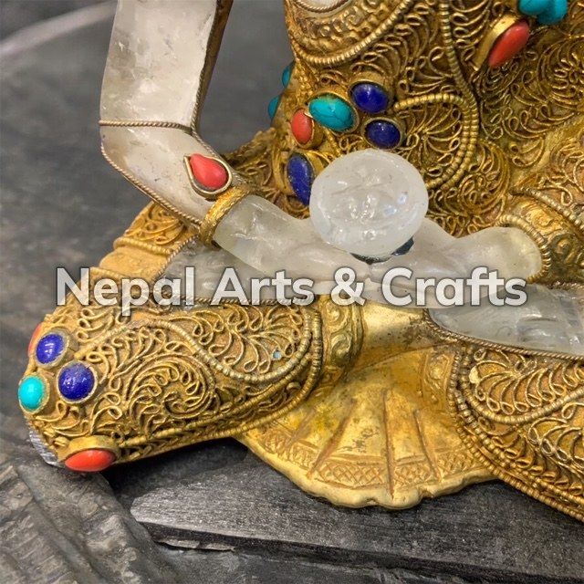 Crystal copper gold-plated Shakyamuni Buddha statue with wooden base